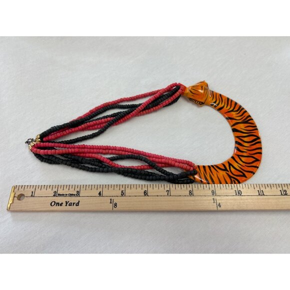 Vintage Tiger Bib Necklace Red Black Wood Beads Hand Painted Statement - Picture 3 of 7